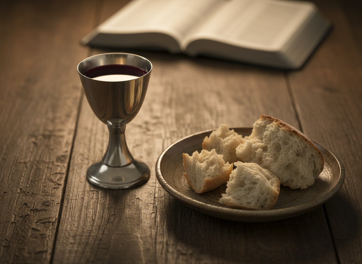 A still life of a wooden communion table set for a simple Christian worship gathering, featuring a plain silver chalice filled with deep red grape juice and a rustic ceramic plate holding small pieces of crusty, hand-torn bread. The table surface is rich, dark wood with visible grain and subtle imperfections. In the softly blurred background, an open Bible lies flat, its pages faintly lit. Gentle, warm overhead lighting creates soft reflections on the chalice and tender shadows beneath the plate. Captured at eye level in photographic realism, with a shallow depth of field that keeps the elements of communion in sharp focus. The mood is reverent, solemn, and ordered, expressing the sacredness of spiritual practice in a clean, professional style.