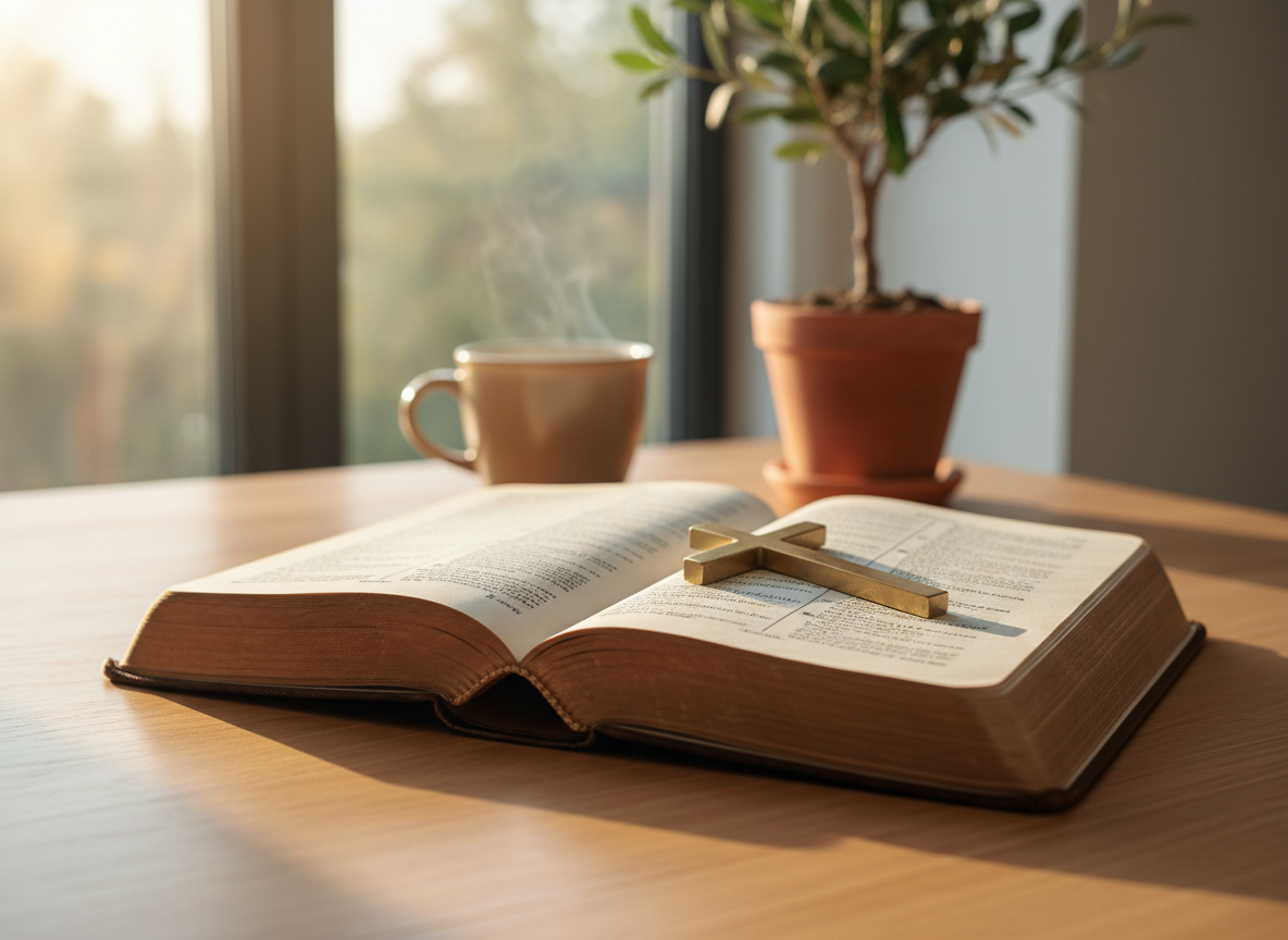 A well-worn, open leather-bound Bible resting on a smooth wooden table, its thin, slightly crinkled pages gently curved and marked with subtle underlining in soft blue ink. A simple brass cross lies across the center crease. In the background, a blurred ceramic mug of herbal tea and a small potted olive tree sit near a large window. Warm morning sunlight streams in, illuminating the text and creating a gentle glow on the page edges, with soft shadows stretching across the wood. Photographic realism at eye level, with shallow depth of field keeping the Bible in sharp focus. The mood is peaceful, reverent, and inviting, conveying quiet Christian devotion and spiritual reflection in a clean, modern aesthetic.