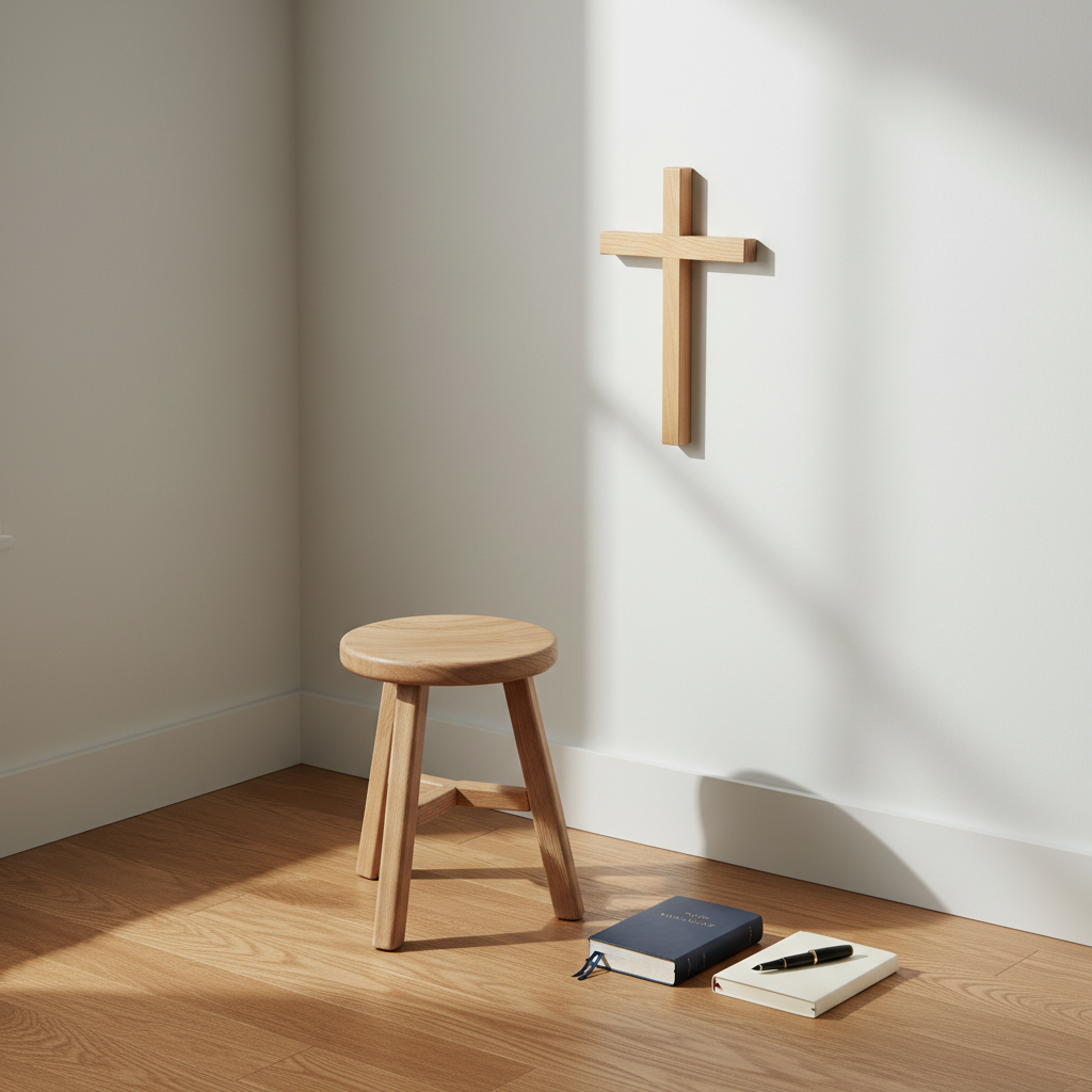 A small, uncluttered prayer corner featuring a simple wooden stool facing a plain white wall where a single wooden cross hangs, smooth and unadorned. On the floor beside the stool lies a closed, navy blue leather Bible and a neatly bound journal with a pen resting on top. The corner is framed by light gray walls and natural oak flooring. Soft, diffused afternoon light filters through an unseen window, producing gentle, elongated shadows and a serene glow. Photographic realism with a slightly elevated angle, using the rule of thirds to position the cross and stool. The atmosphere is contemplative, minimalist, and professional, emphasizing solitude and Christian spiritual practice without distractions.