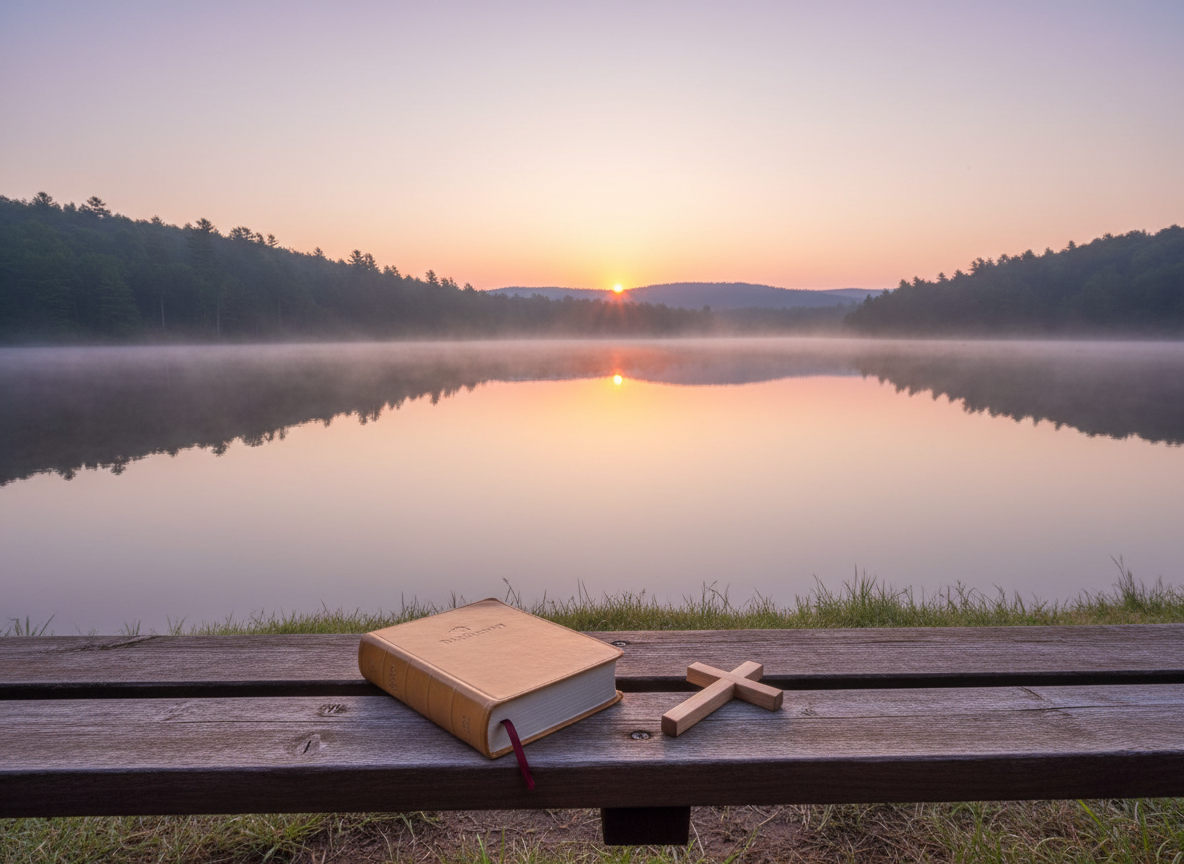A serene nature scene designed for Christian contemplation: a smooth, weathered wooden bench overlooking a calm lake, its surface like glass, reflecting a soft, pastel sunrise. On the bench rests a closed, tan leather Bible with a thin ribbon bookmark peeking out, next to a small, simple wooden cross laid flat. Mist hangs low over the water, partially veiling distant tree-covered hills. Early morning light casts a warm golden glow, creating delicate highlights on the Bible’s cover and soft, long shadows on the bench. Photographic realism from a slightly elevated angle, using a wide composition that emphasizes space, quiet, and stillness. The mood is deeply peaceful and reflective, inviting solitary prayer and connection with God through creation.